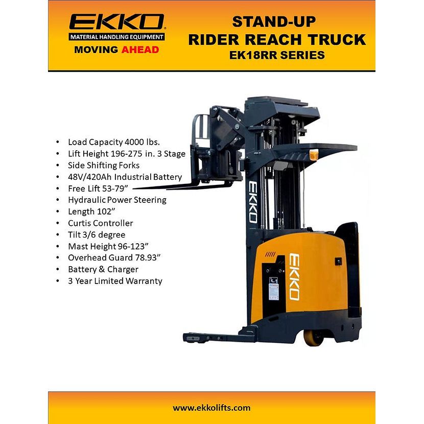 EKKO Stand-Up NA Reach Truck 4000 lb Cap., 196"Lift Ht. EK18RRL